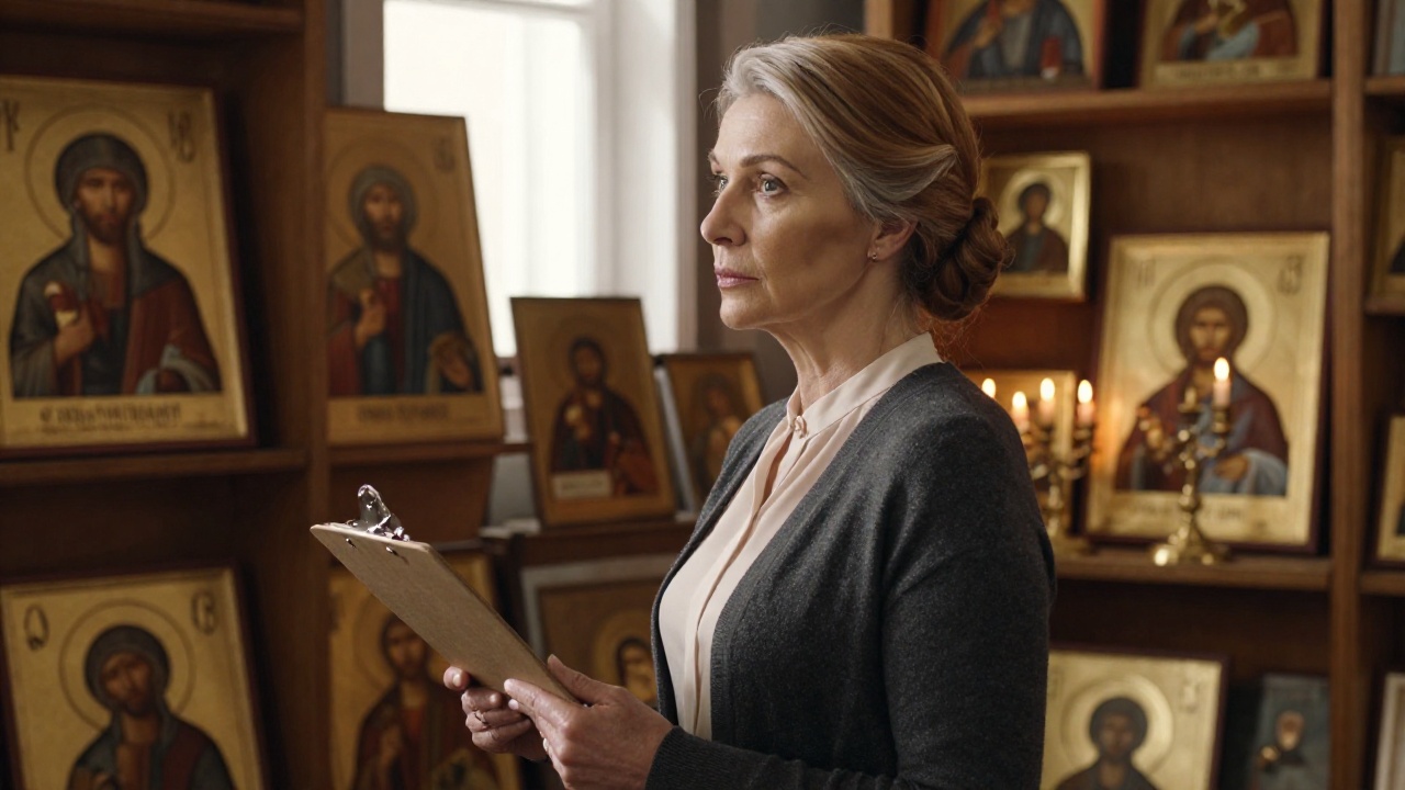 Ассортимент икон в церковной лавке Женщина в церковной лавке изучает инвентарный список на фоне полок с иконами