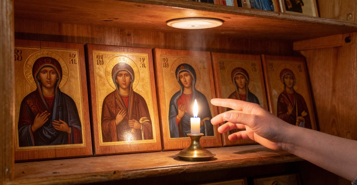 Иконы одного образа на полке церковного магазина Ряд одинаковых икон Казанской Божией Матери на деревянной полке в церковной лавке