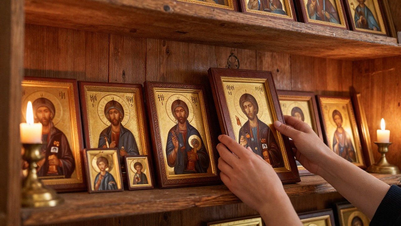 Организация икон по категориям в церковной лавке Иконы разного размера, разложенные по категориям на деревянных полках